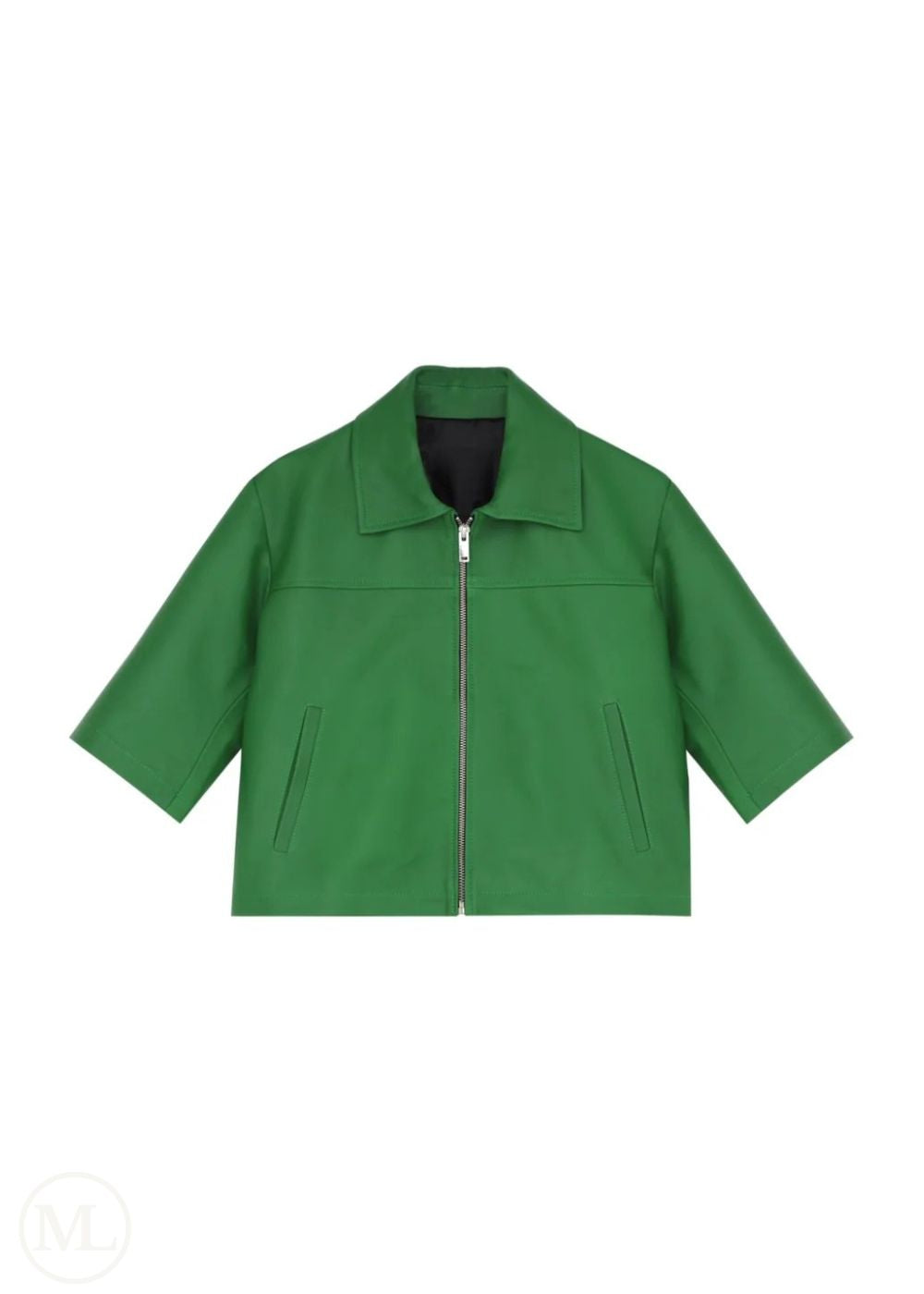 Kaia – Women’s Cropped Half-Sleeve Leather Jacket with Shirt Collar - Green - white bg