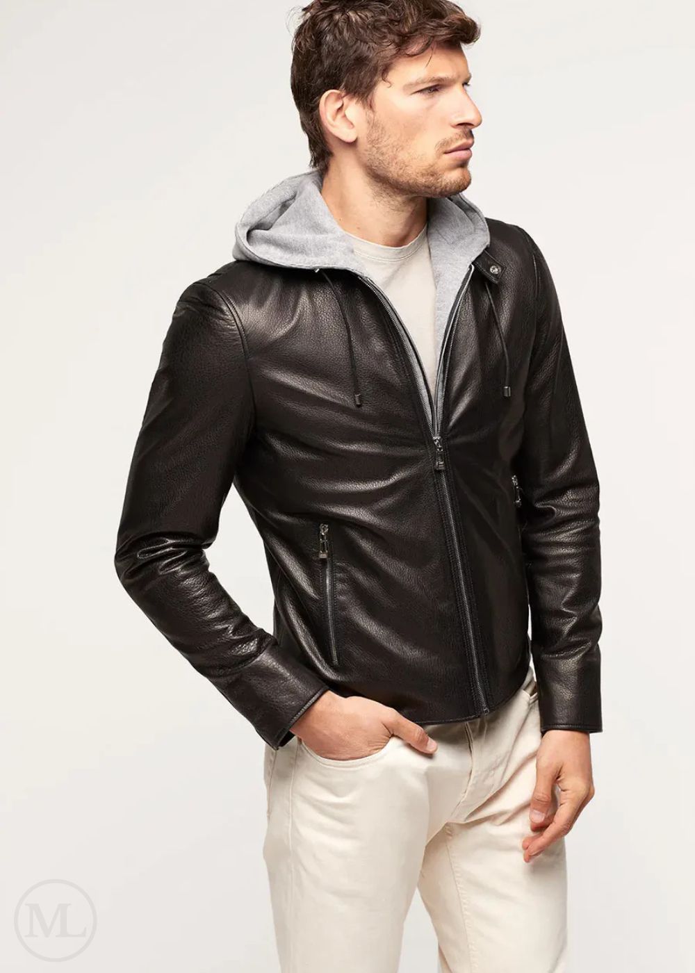Man wearing a black lambskin leather jacket on a white background