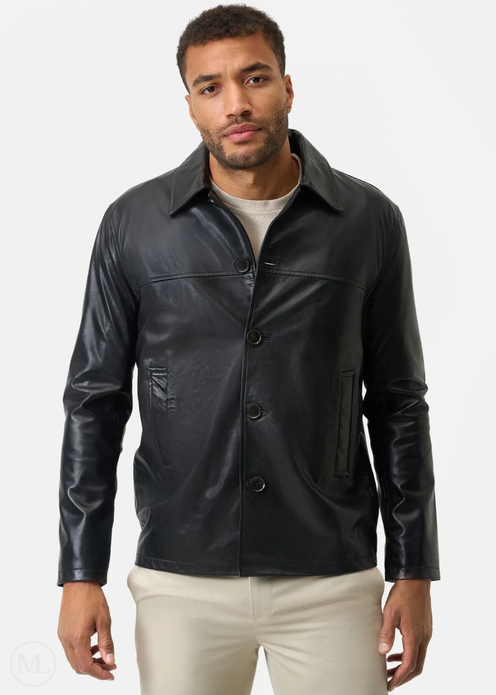 Man wearing a black leather coat on a white background