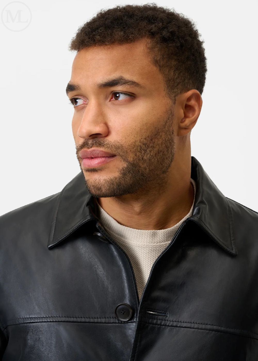 Man wearing a black leather coat against a plain background