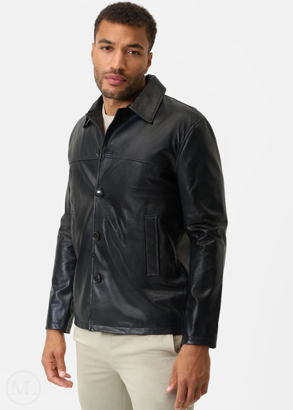 Man wearing a black leather coat on a white background