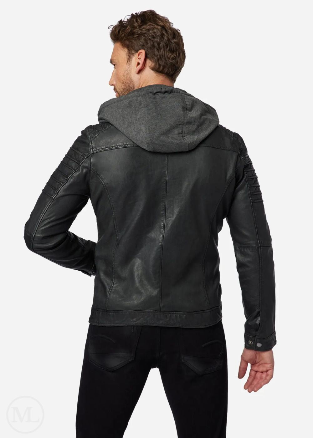 Man wearing a black leather jacket with a hood on a white background