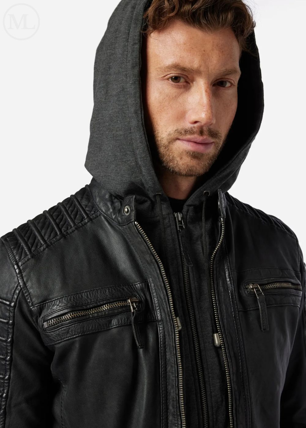 Man wearing a black leather jacket with a hood on a white background