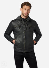 Man wearing a black leather jacket on a white background