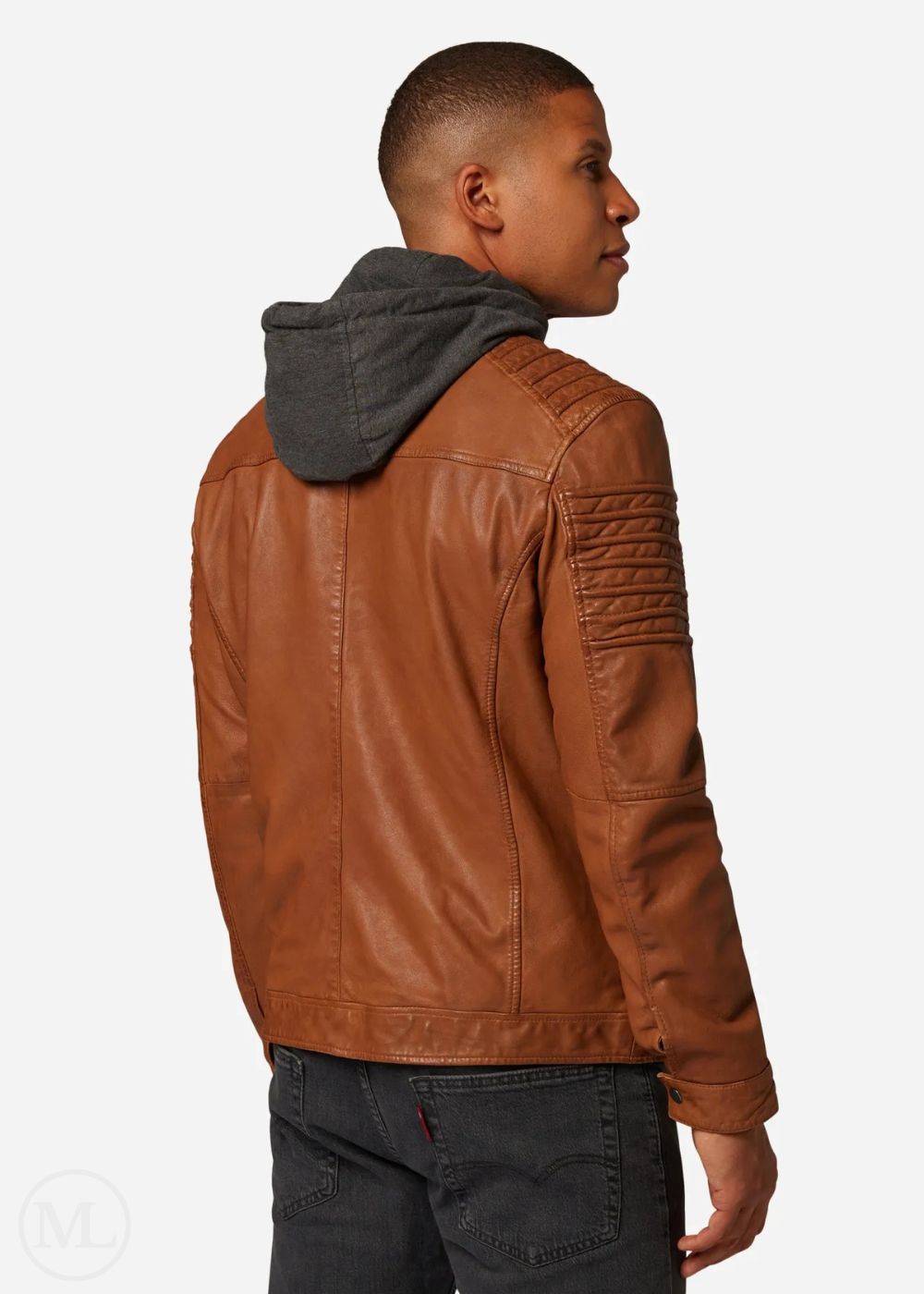 Man wearing a cognac brown leather jacket with a gray hoodie underneath on a white background