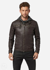Man wearing a dark brown leather jacket on a white background