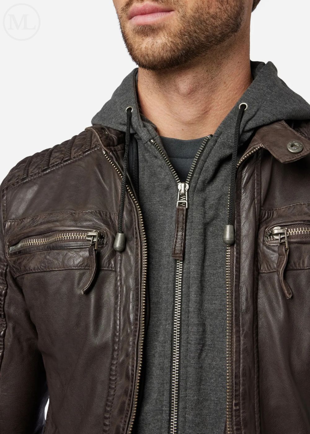 Close-up of a man wearing a dark brown leather jacket with a gray hoodie underneath.