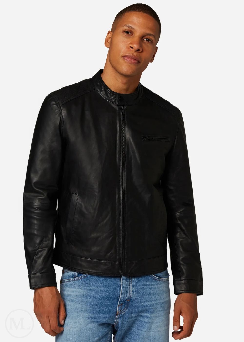 Man wearing a black leather jacket and blue jeans on a white background
