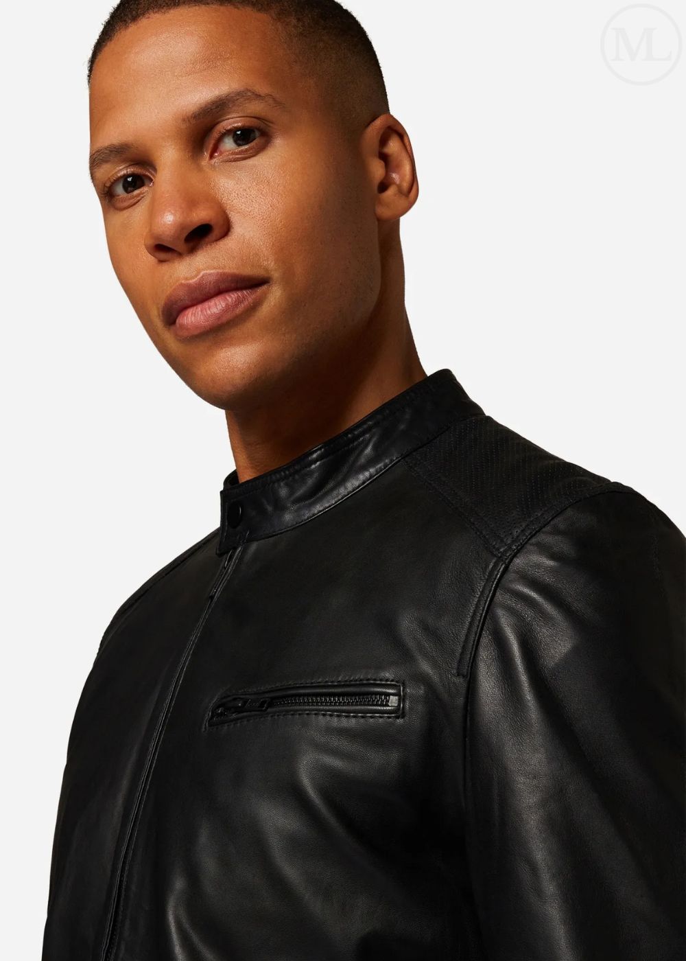 Man wearing a black leather jacket against a plain background