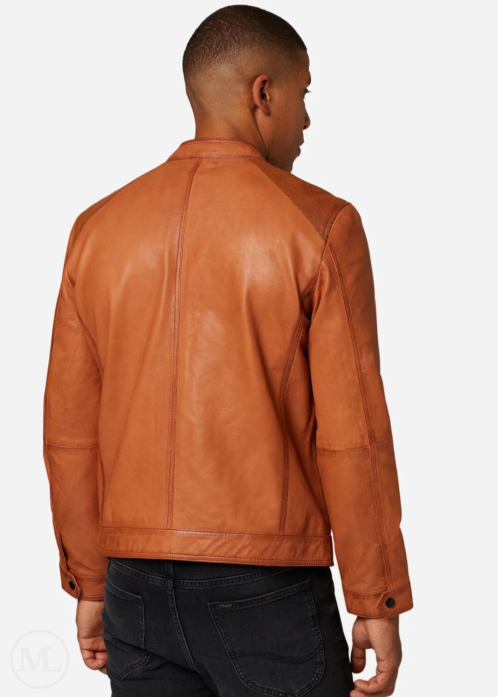 Man wearing a cognac brown leather jacket on a white background