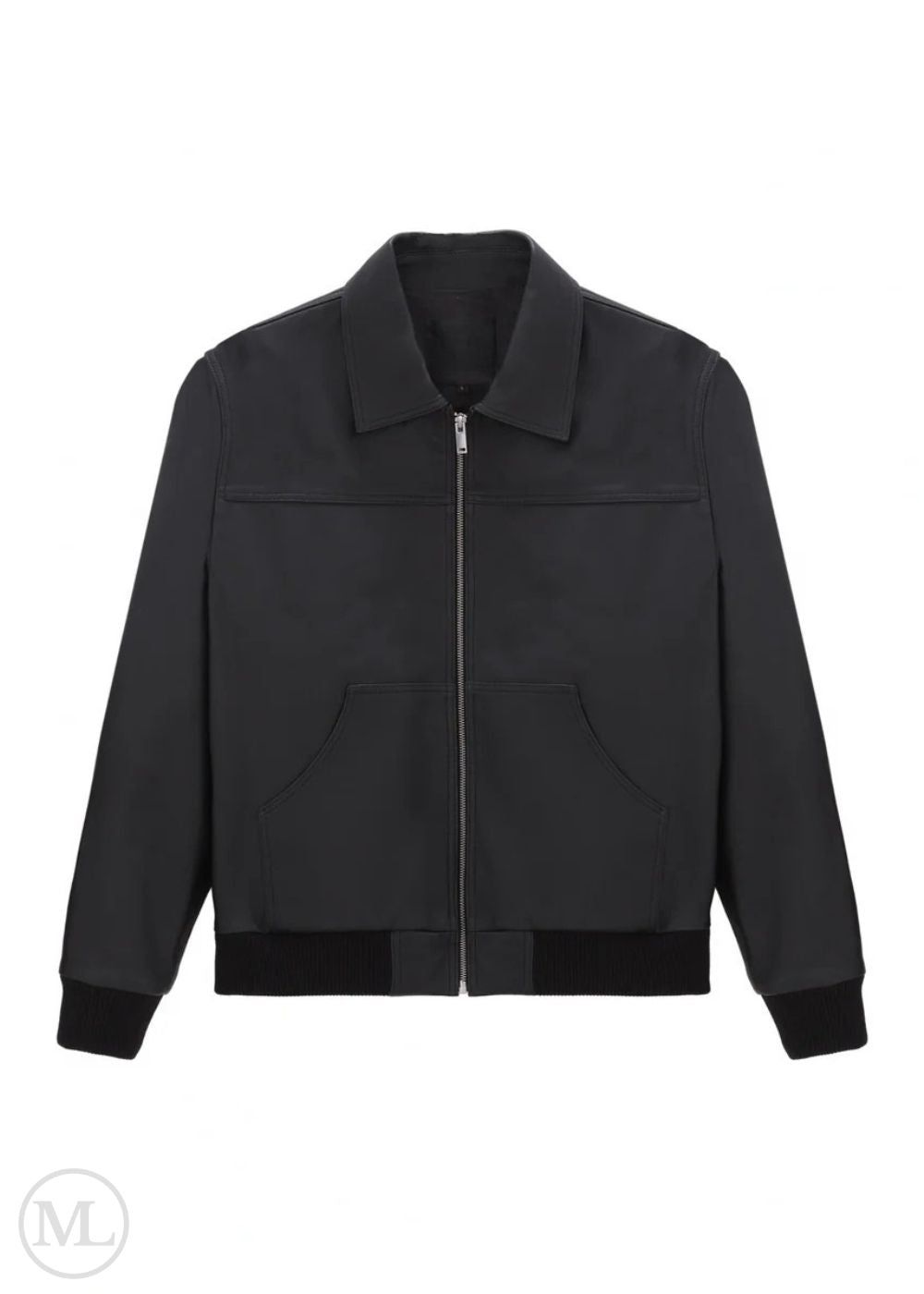Black leather bomber jacket with shirt collar on a white background