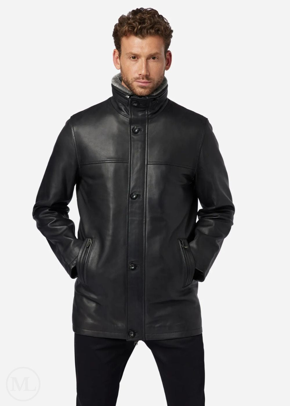 Man wearing a black leather coat on a white background