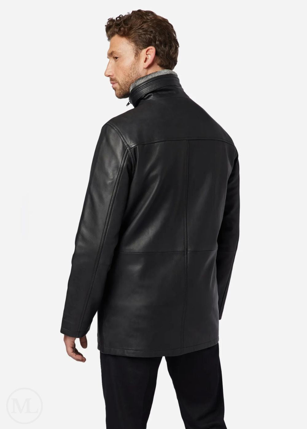Man wearing a black leather coat on a white background