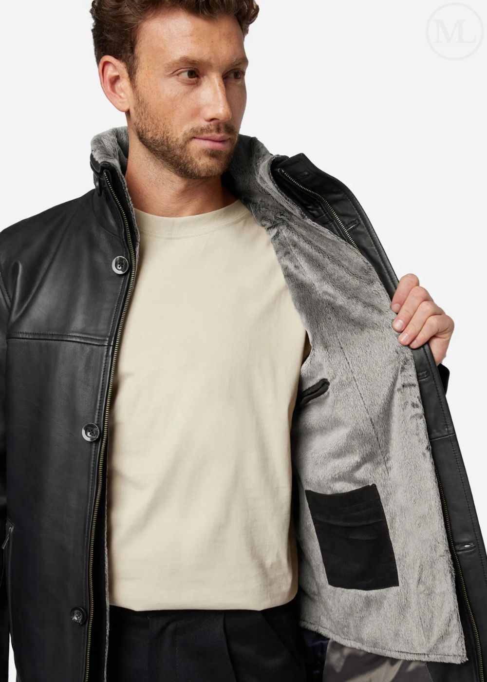 Man wearing a black leather coat with gray lining on a white background