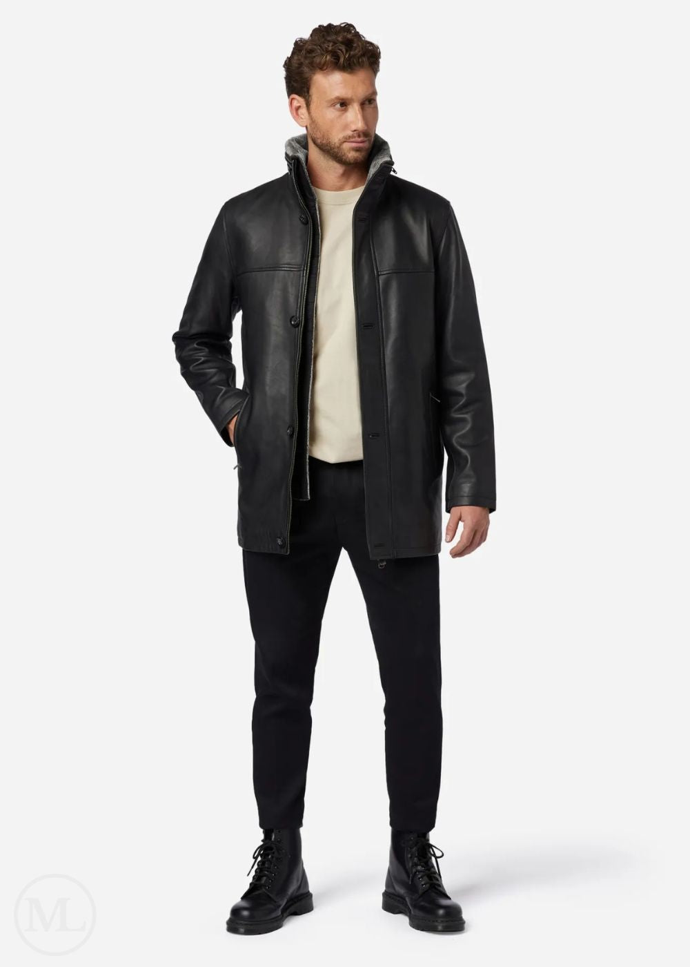 Man wearing a black leather coat on a white background