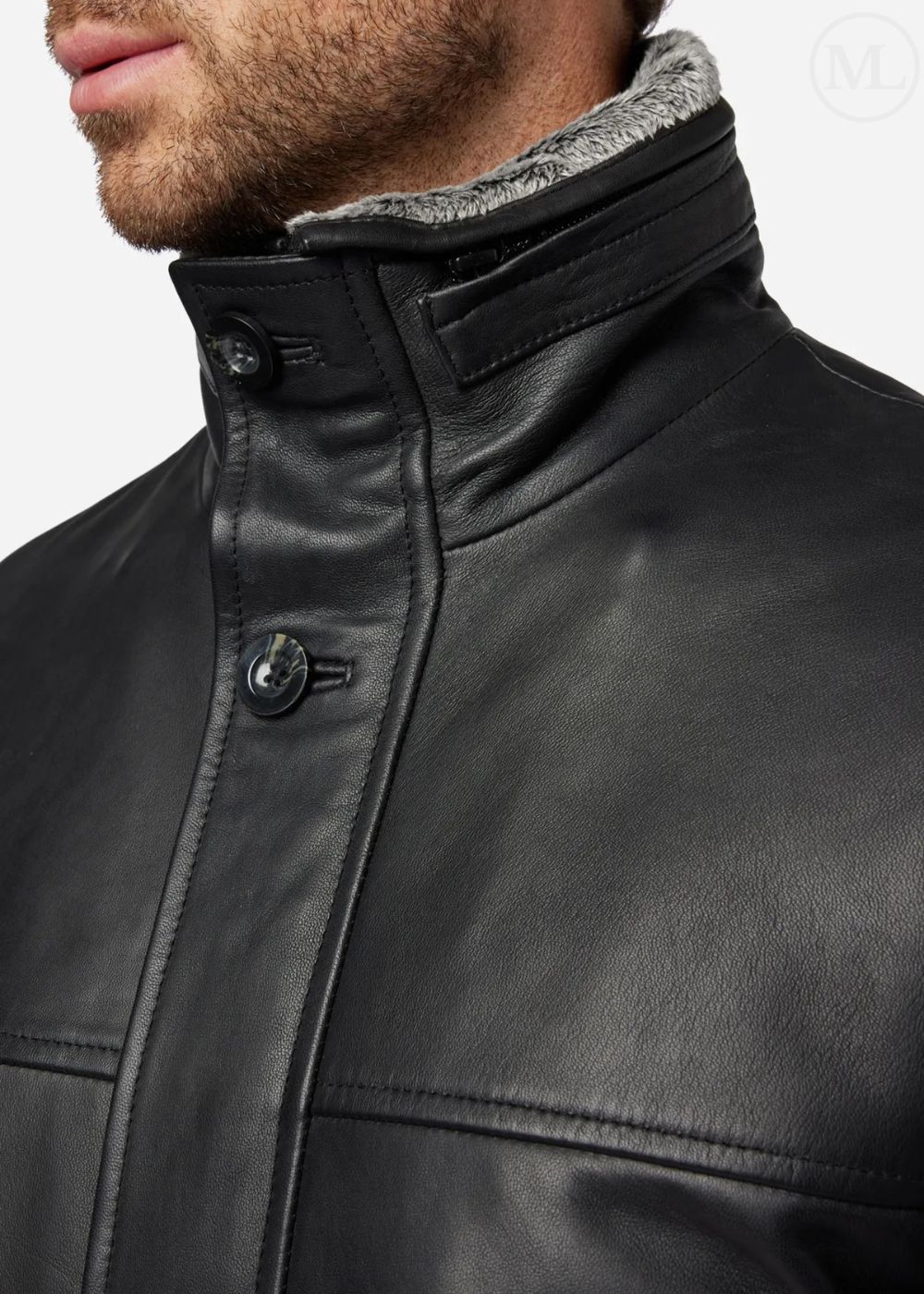 Close-up of a black leather coat with a gray fur-lined collar worn by a man on a white background