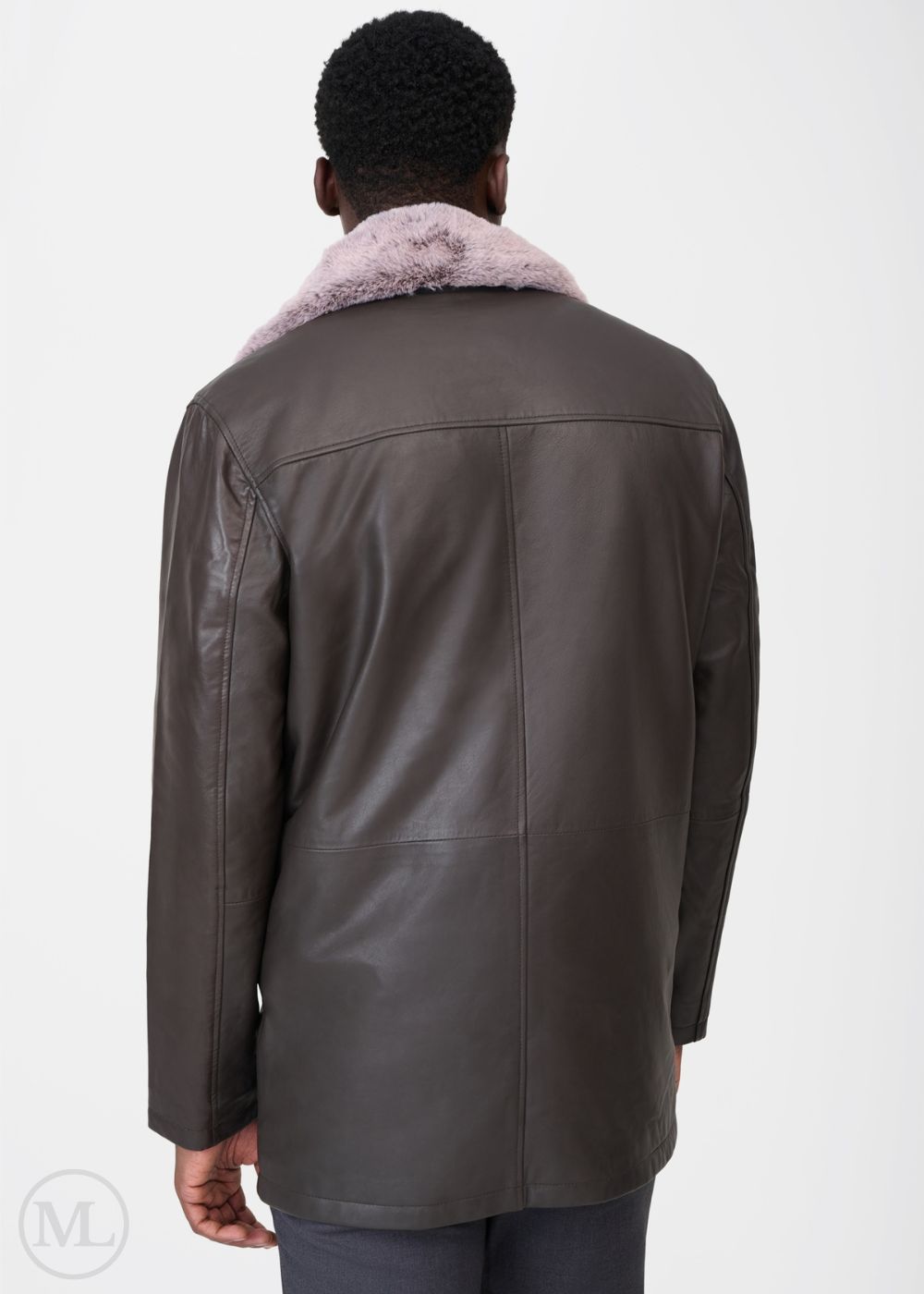 Man wearing a brown leather coat with a fur-lined hood on a white background