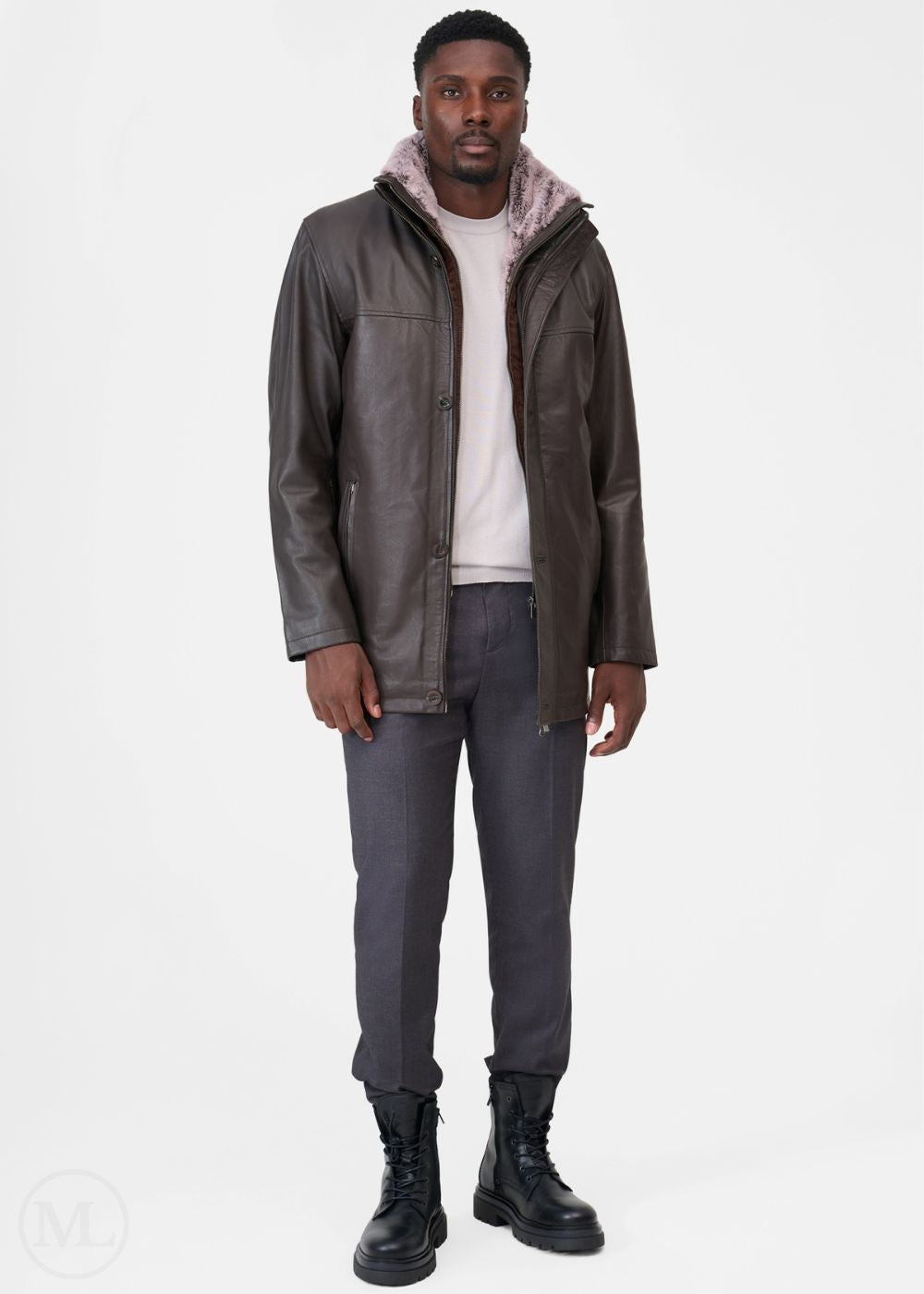 Man wearing a gray leather coat with fur lining, white shirt, gray pants, and black boots on a white background.