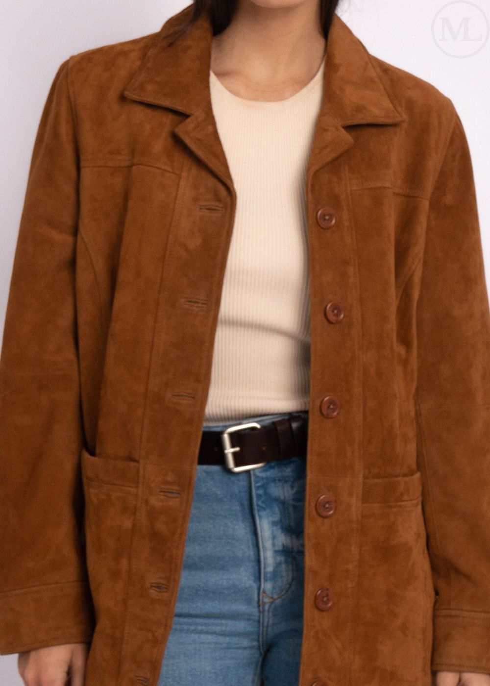 Cognac Brown suede leather coat worn by a person on a white background