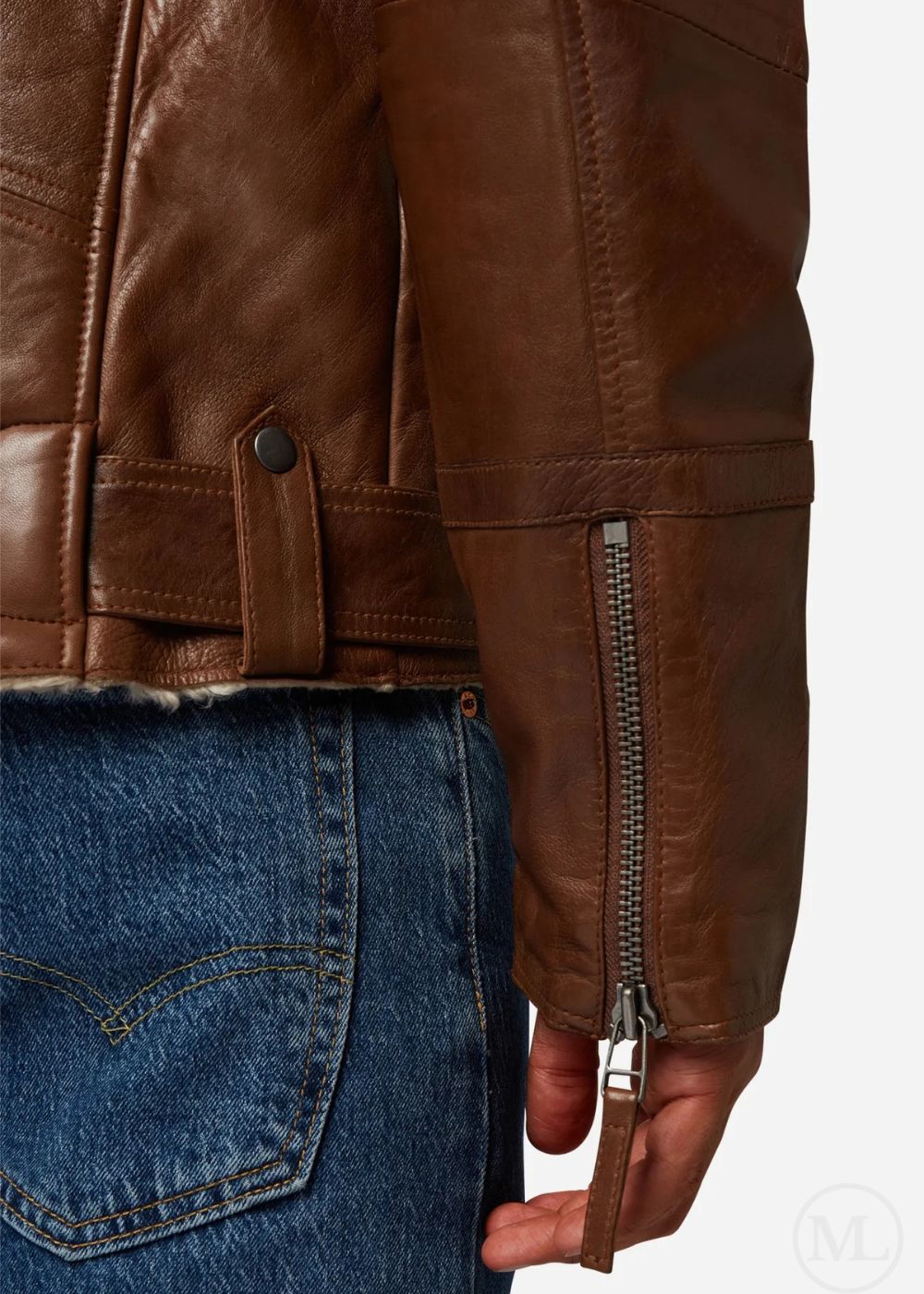 Cognac Brown leather jacket with a zipper and blue jeans worn by a man on a white background