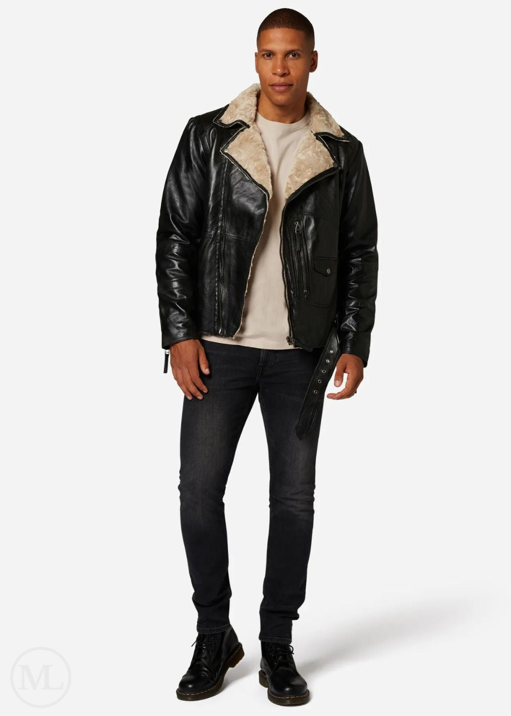 Man wearing a black leather jacket with shearling collar on a white background