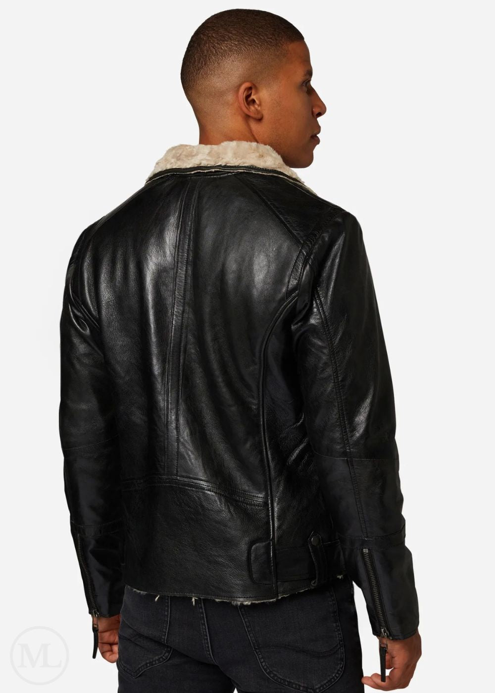 Man wearing a black leather jacket with white fur lining on a white background