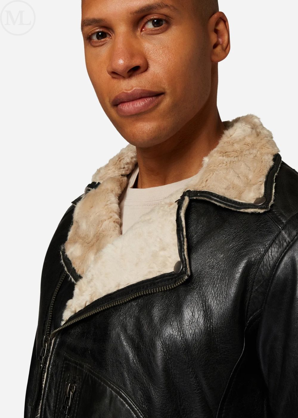 Man wearing a black leather jacket with a beige fur-lined collar on a white background