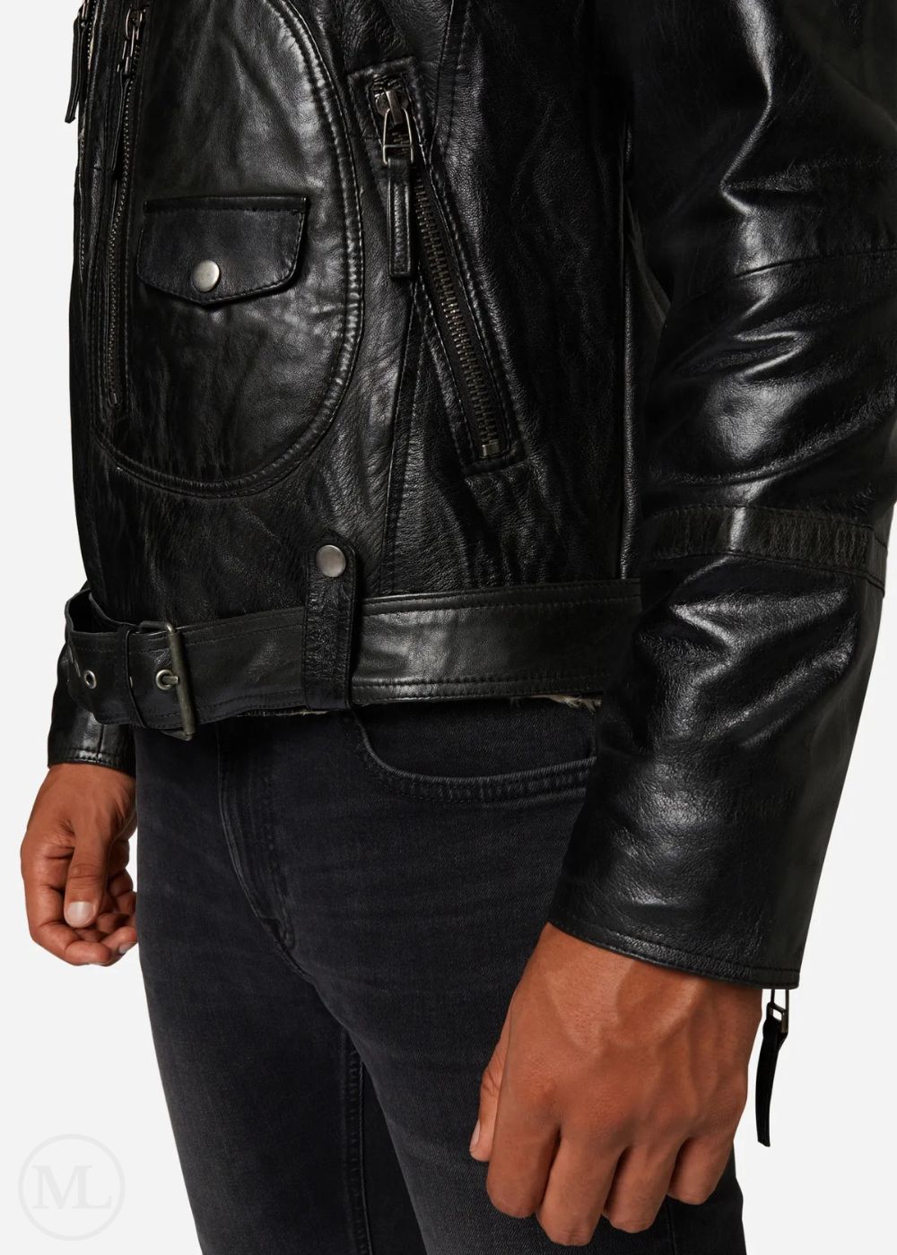 Black leather jacket worn by a man on a white background