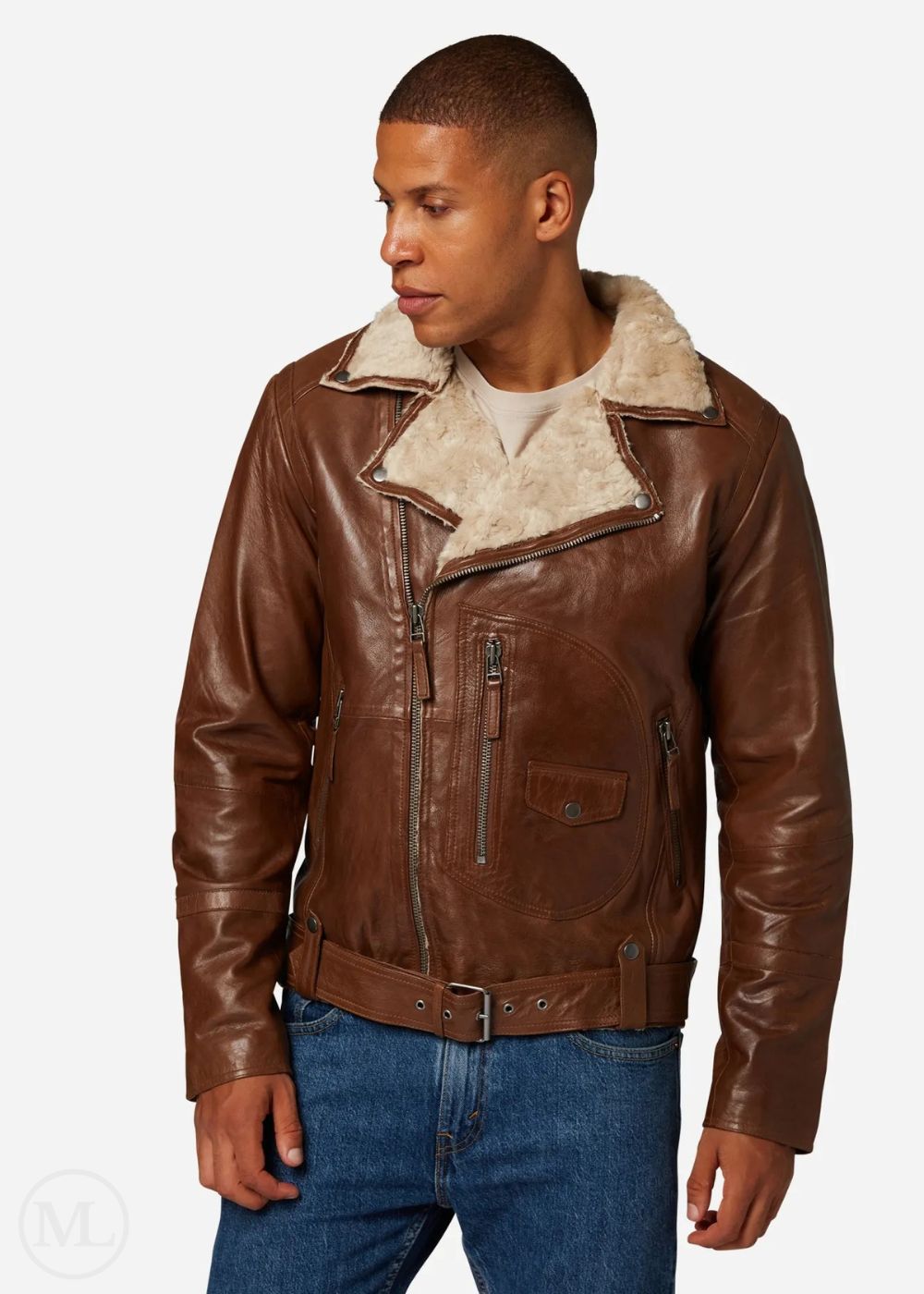 Man wearing a cognac brown leather jacket with shearling collar on a white background