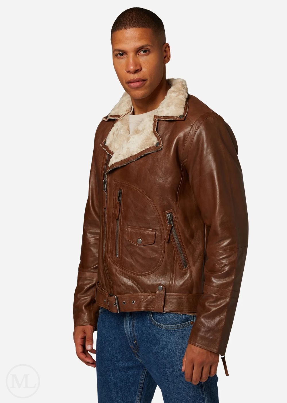 Man wearing a cognac brown leather jacket with shearling collar on a white background