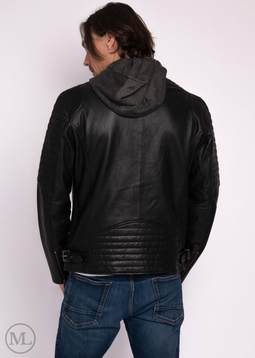 Woman wearing a black leather Motorcycle jacket with a hood on a white background