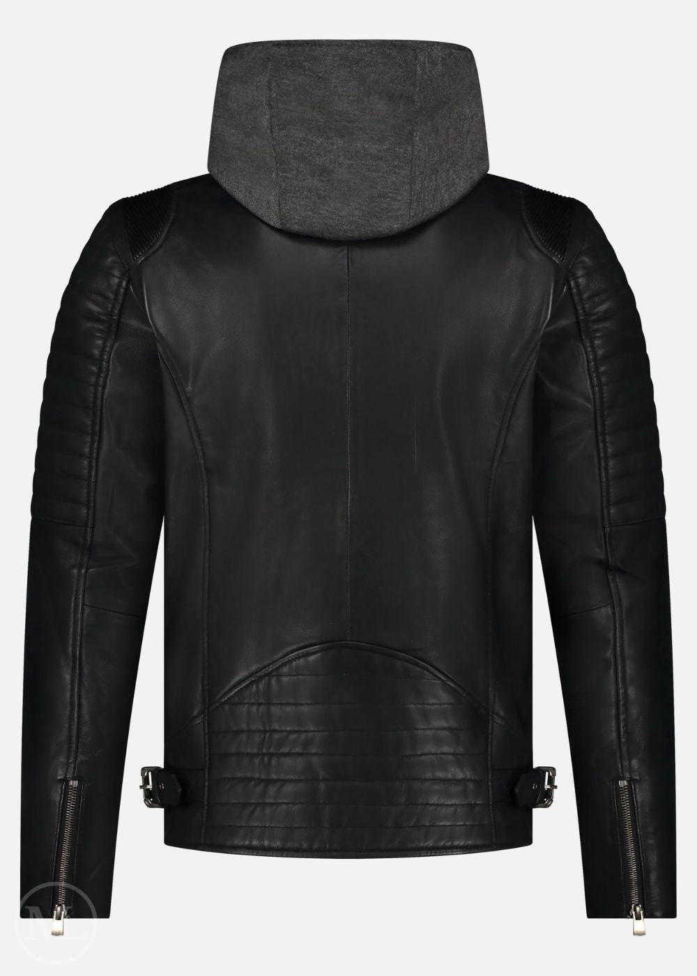 Veste de moto en cuir noir avec capuche sur fond blanc