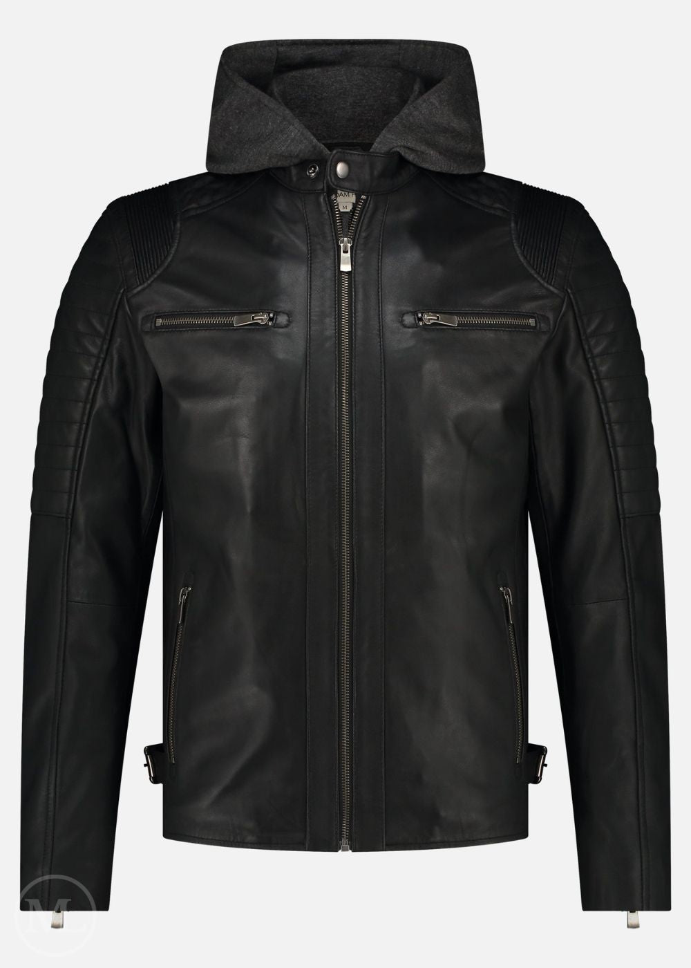 Veste de moto en cuir noir avec capuche sur fond blanc