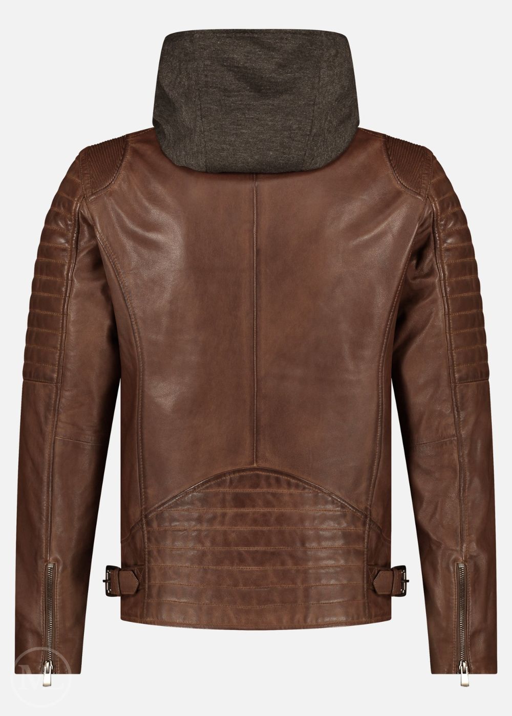 Brown leather Motorcycle jacket with a hood on a white background