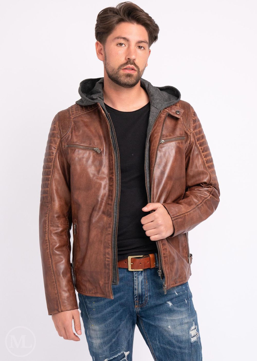 Man wearing a brown leather Motorcycle jacket with a hood on a white background