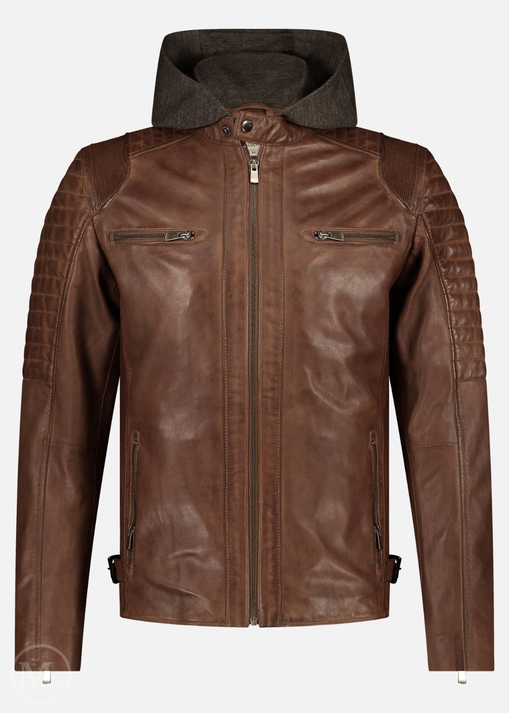 Brown leather Motorcycle jacket with a hood on a white background