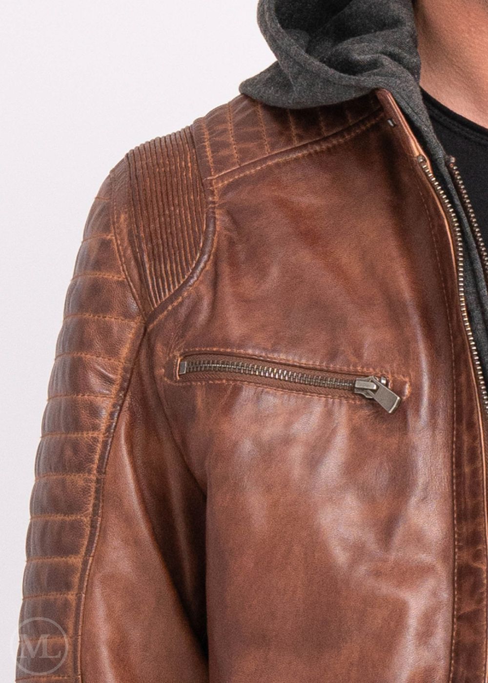 Close-up of a brown leather Motorcycle jacket with a zipper pocket on a white background