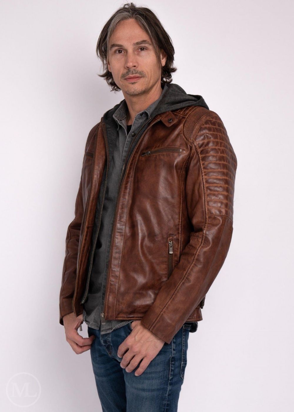 Man wearing a brown leather Motorcycle jacket on a white background
