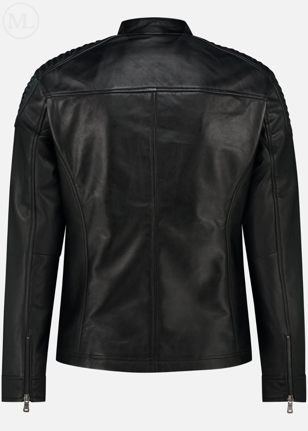 Black leather jacket shown from the back on a white background