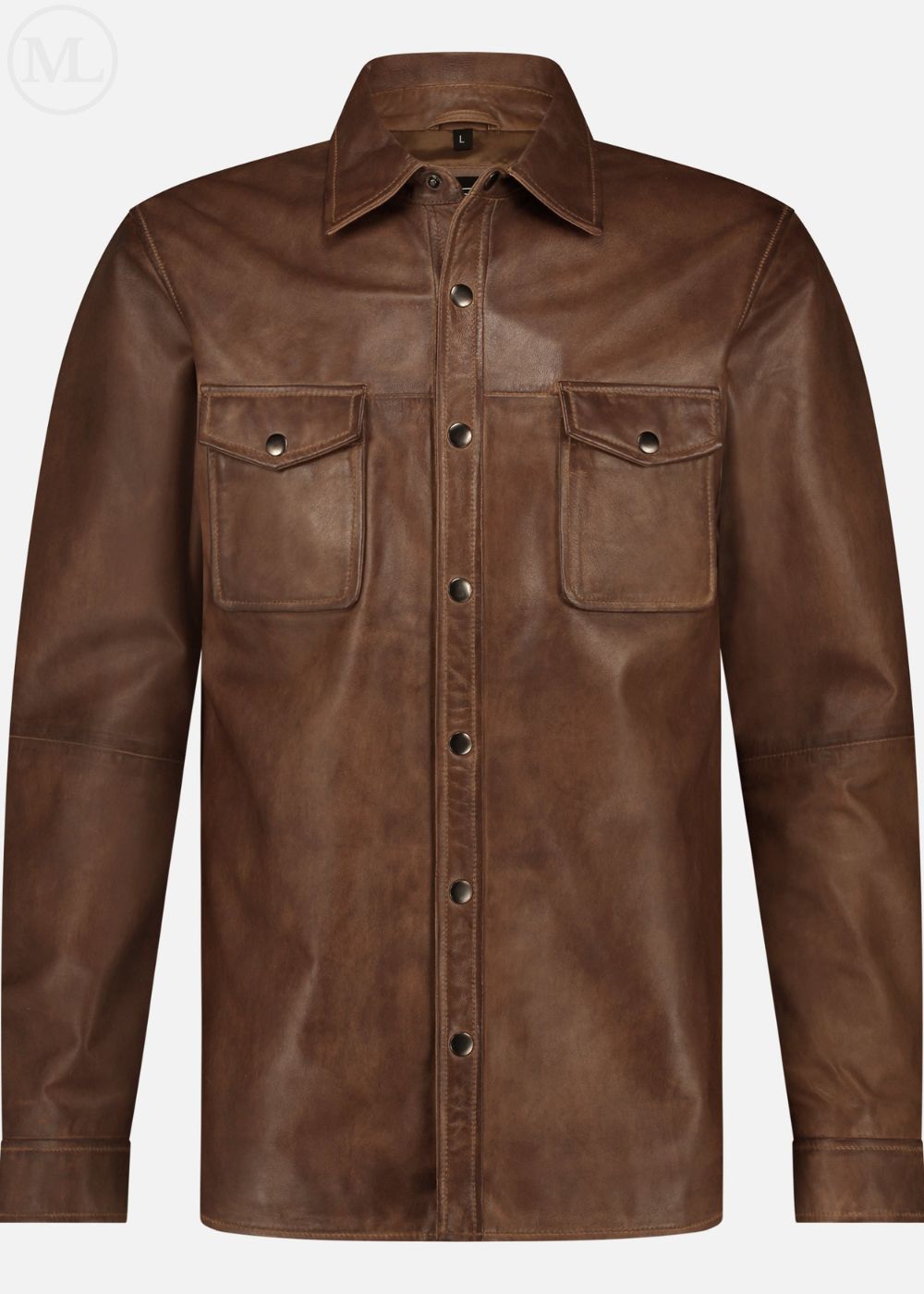 Cognac Brown leather shirt with button details on a white background