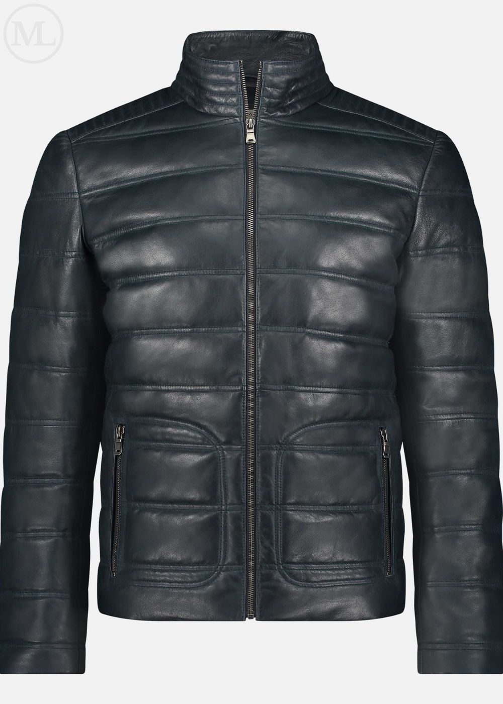 Navy leather jacket on a white background