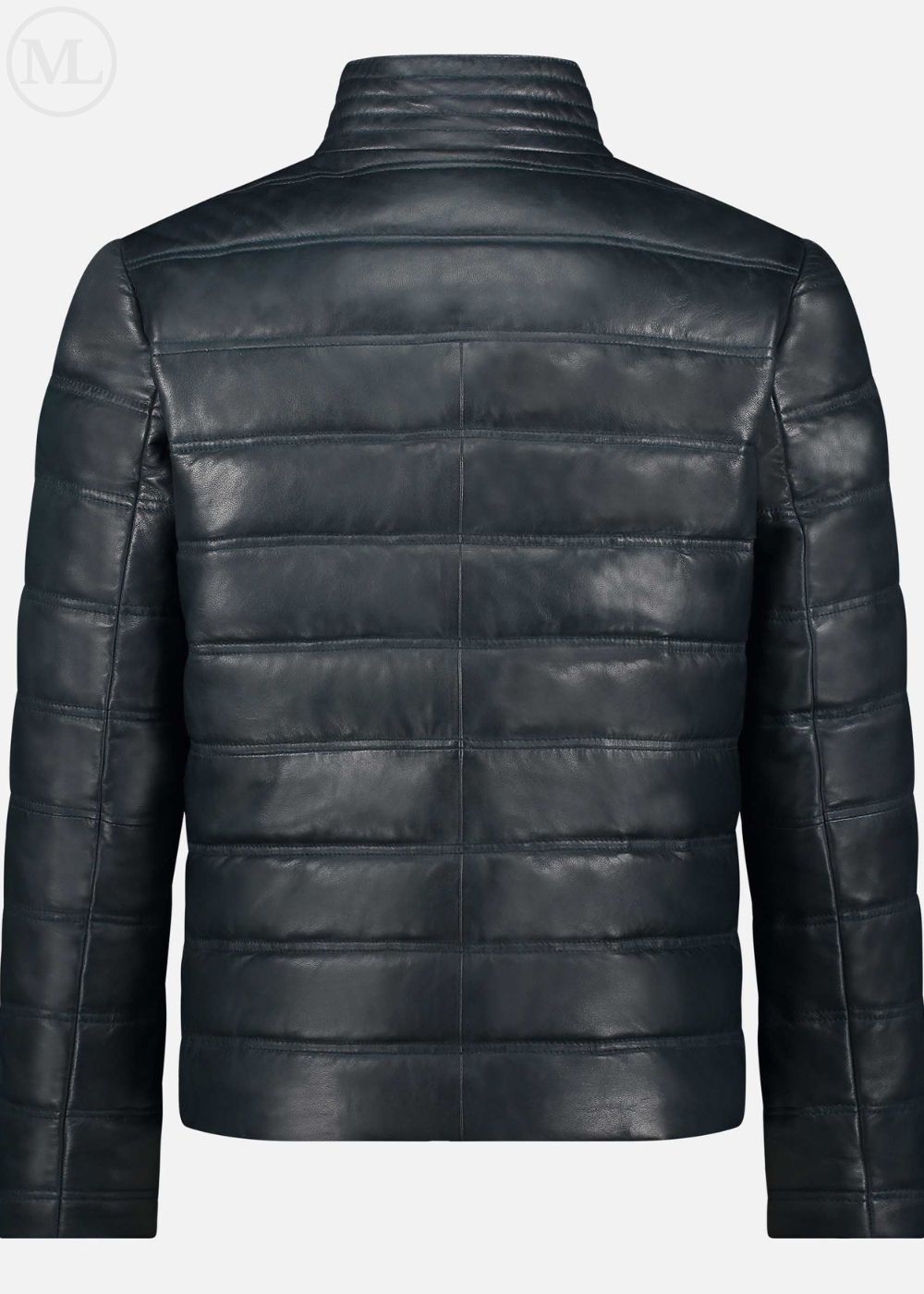 Navy leather jacket on a white background