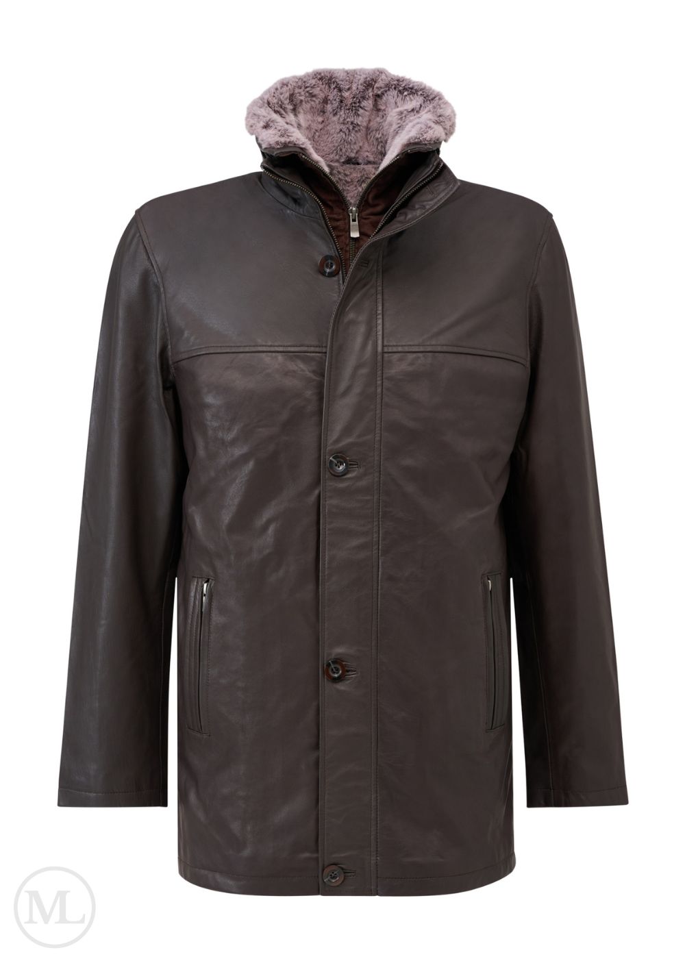 Brown leather coat with fur-lined hood on a white background