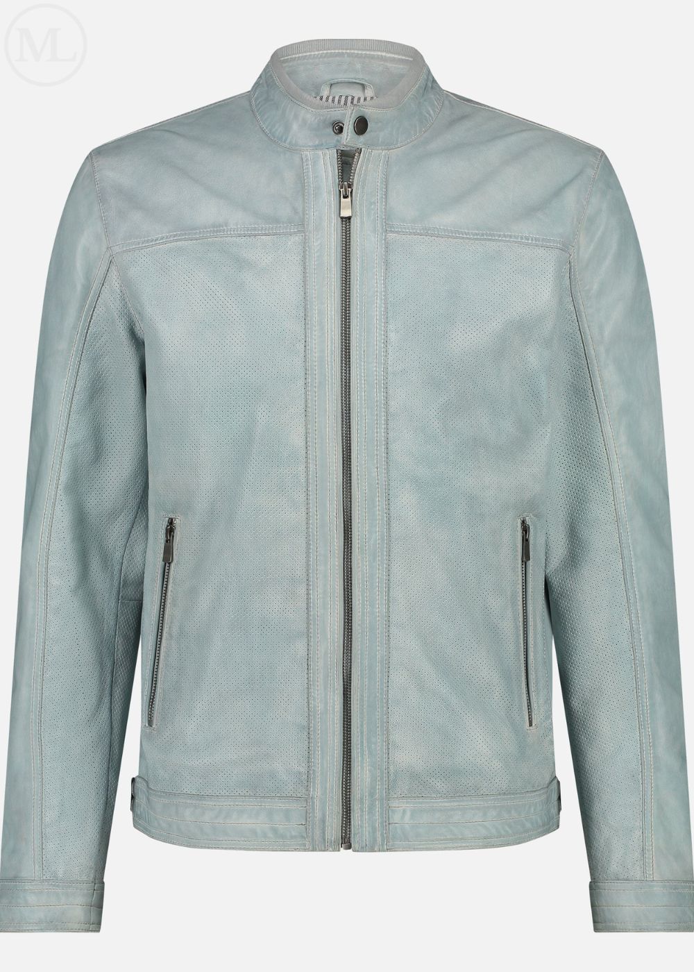 Light grey leather jacket on a white background