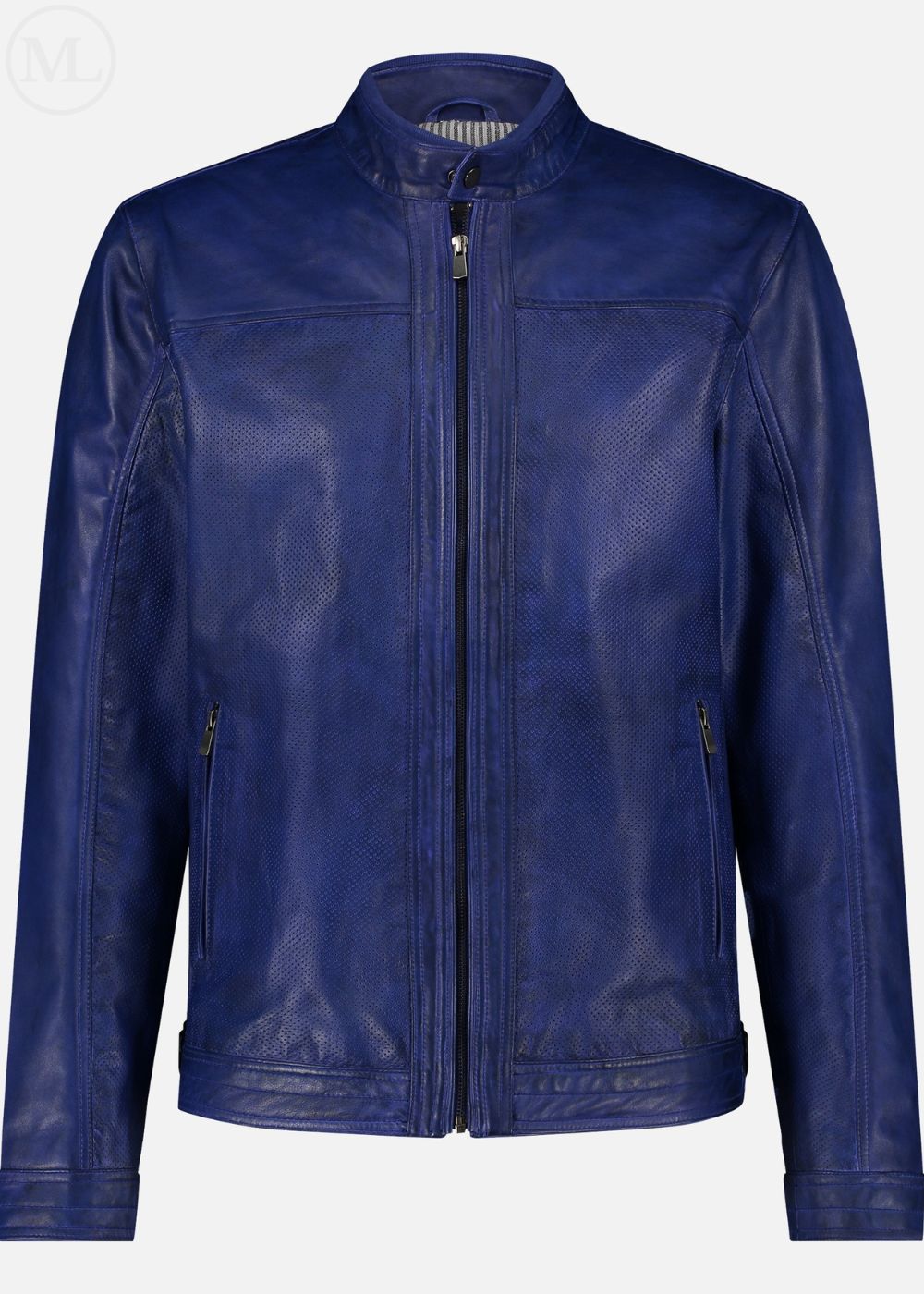 Navy leather jacket on a white background