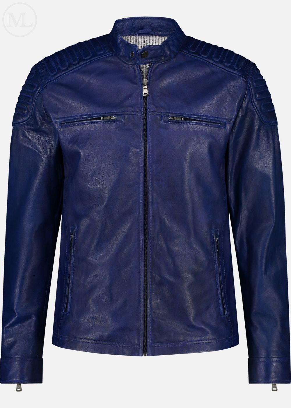 Blue leather jacket on a white background