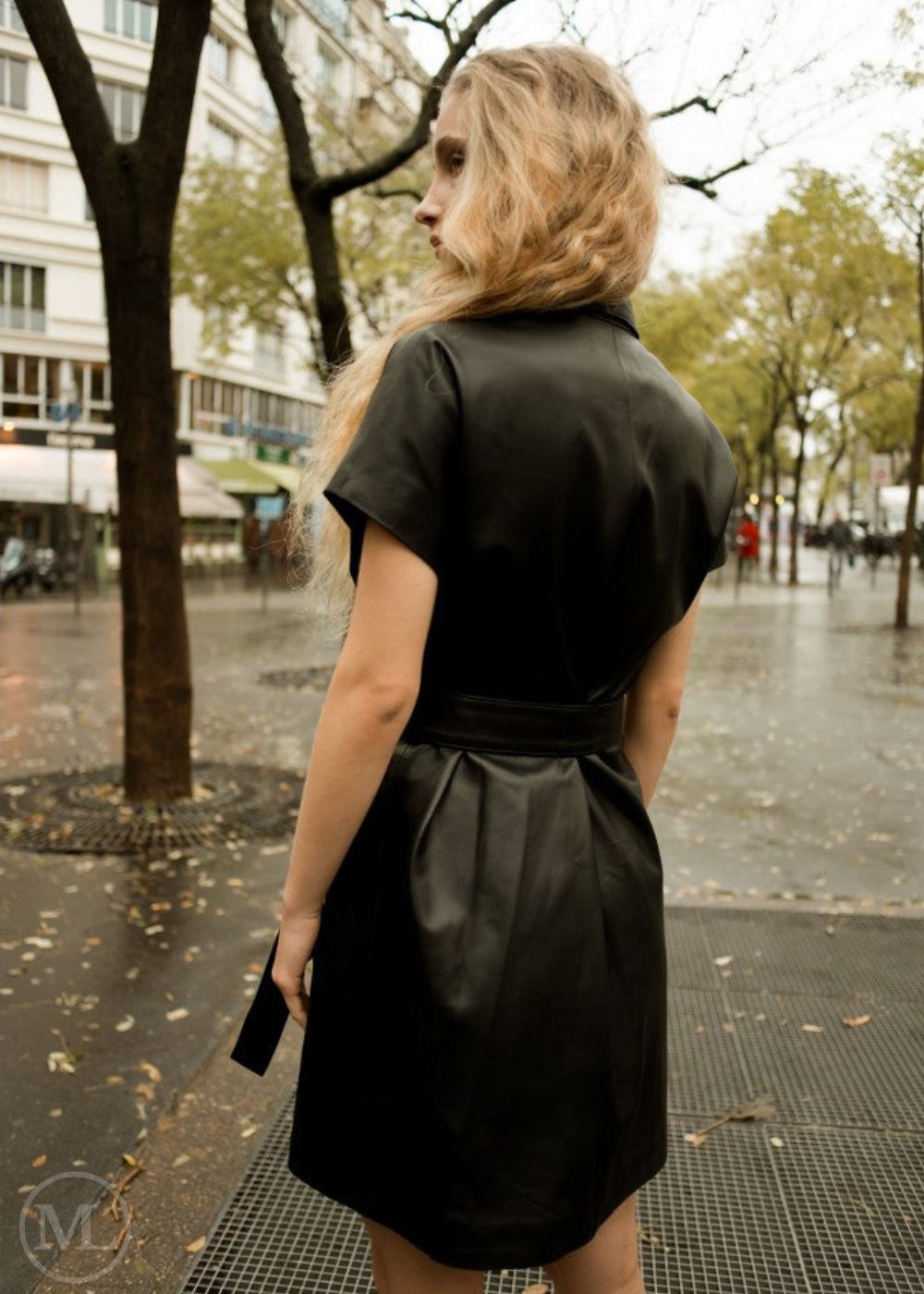 Mila – Women’s Button-Down Leather Shirt Dress with Belted Waist - Black - Back Look