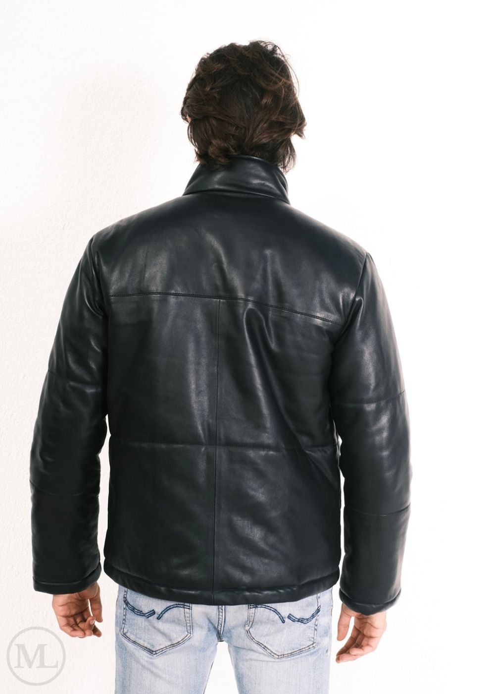 men wearing a black leather down jacket on a white background, back view