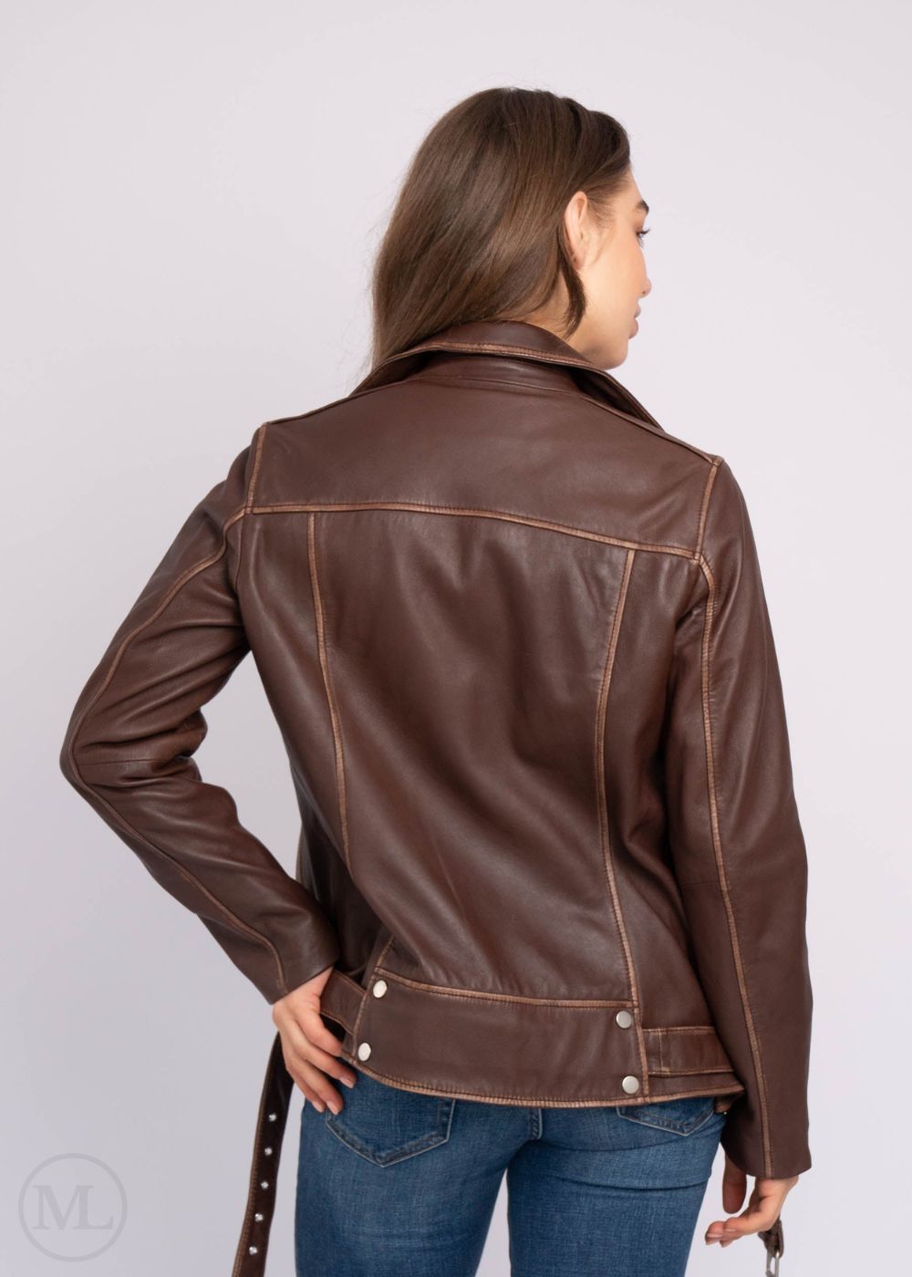 Dark Brown leather biker jacket worn by a person on a plain background