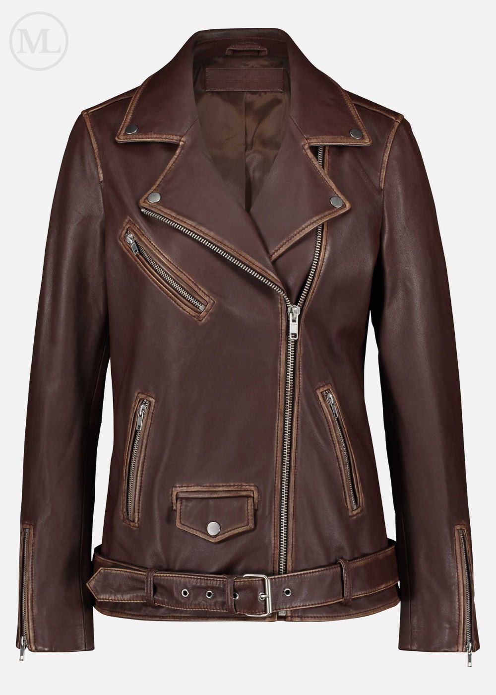 Dark Brown leather jacket with zippers on a white background